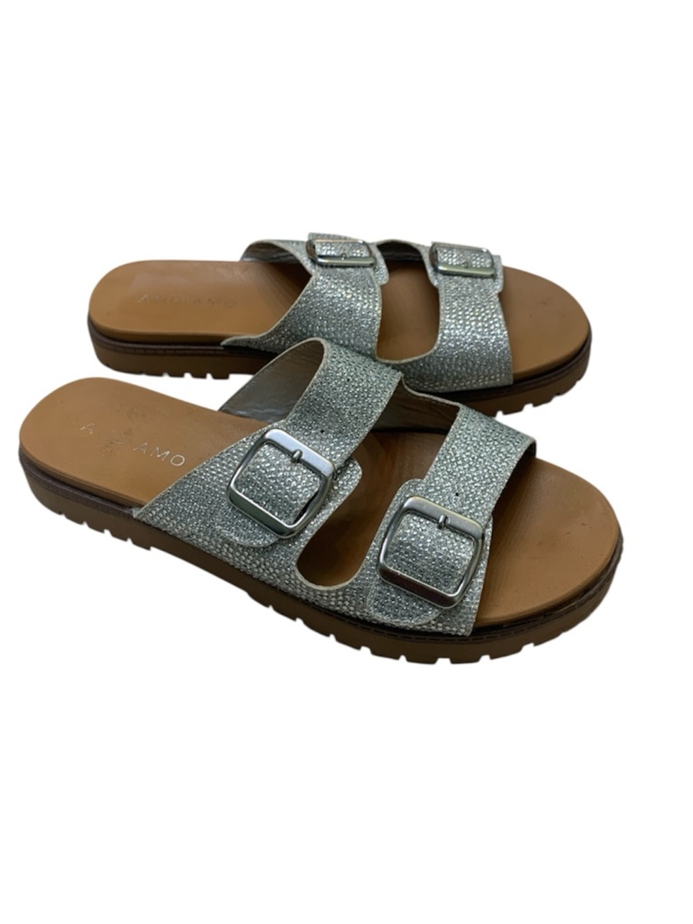 Andiamo Sparkle Double-Buckle Slide Sandals in Silver Size 8